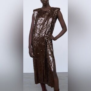 Zara Chocolate Brown Sequin Midi Dress